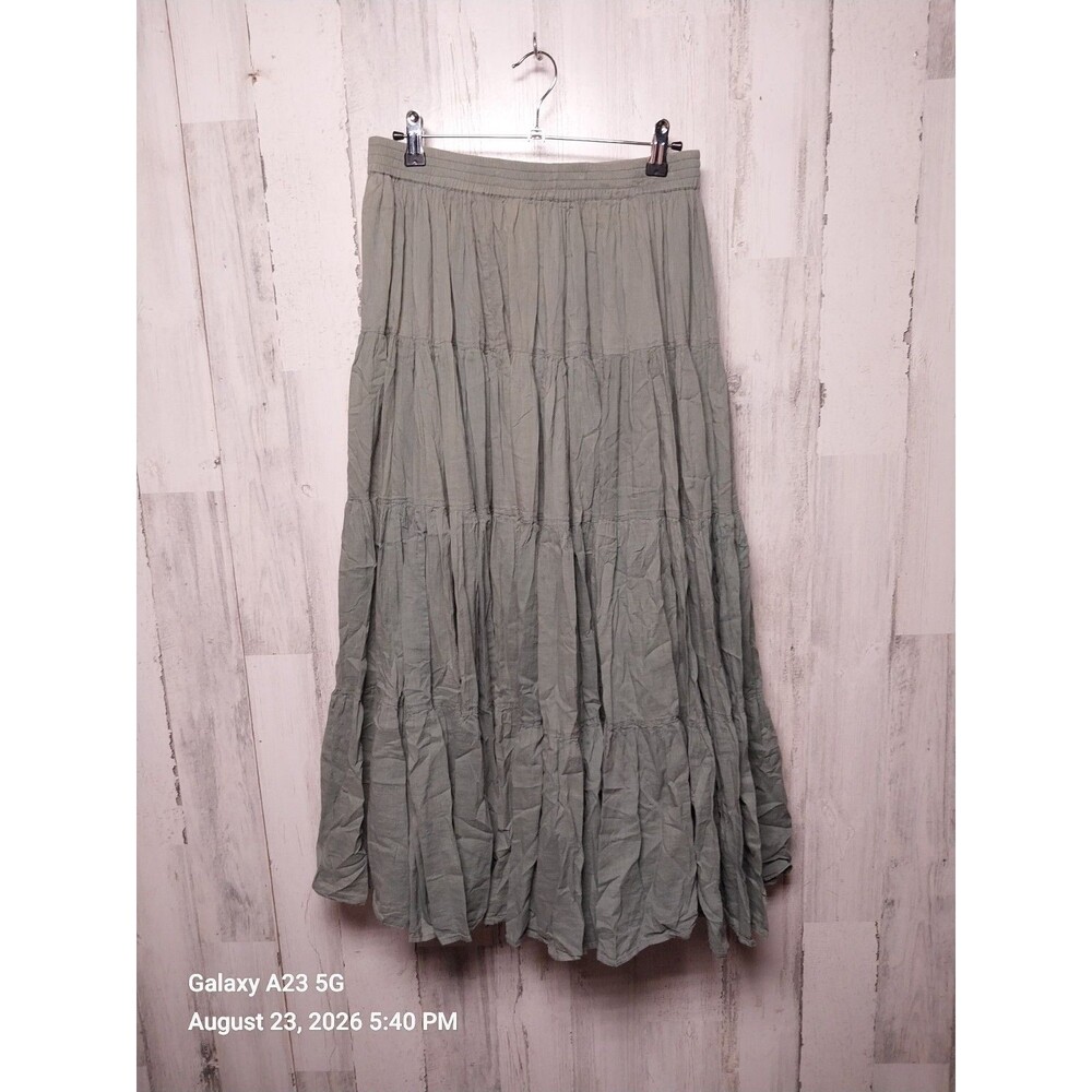 Sarah Arizona Small Green Bohemian Tiered Broomstick Maxi Skirt